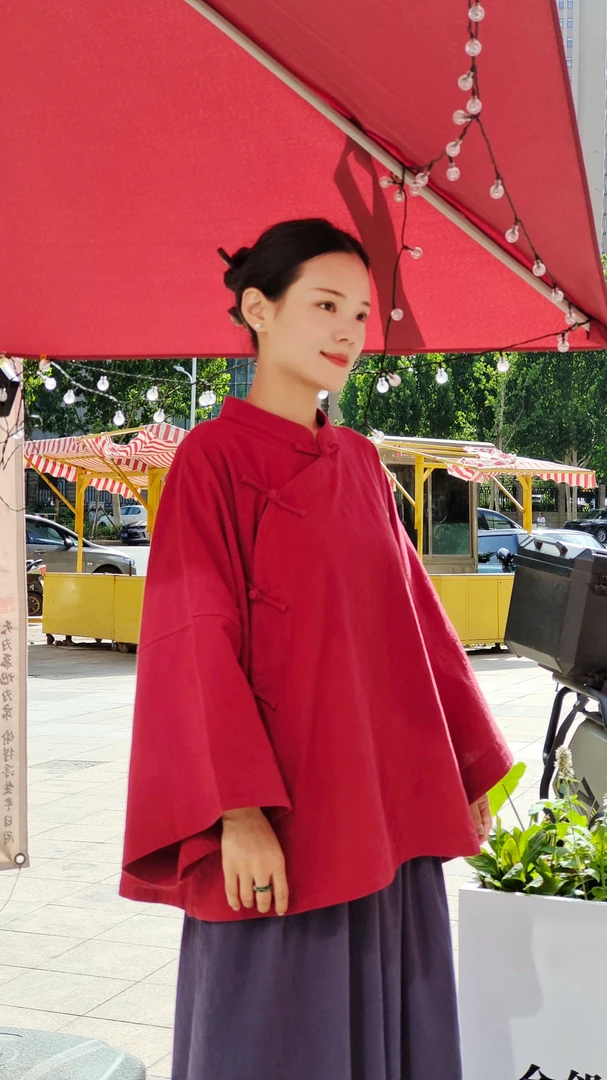 七初棉麻布衣夏季常规款中袖古装薄款复古斜襟茶服立领女装上衣