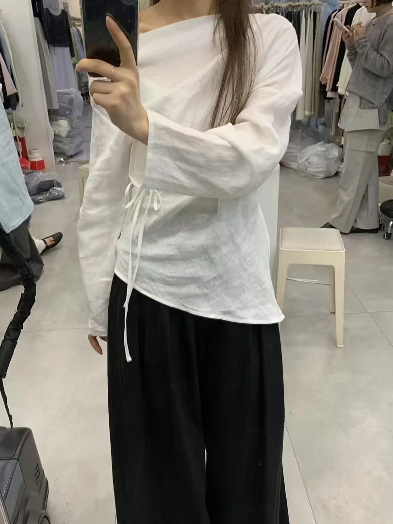 亚麻上衣衬衫一字肩斜肩