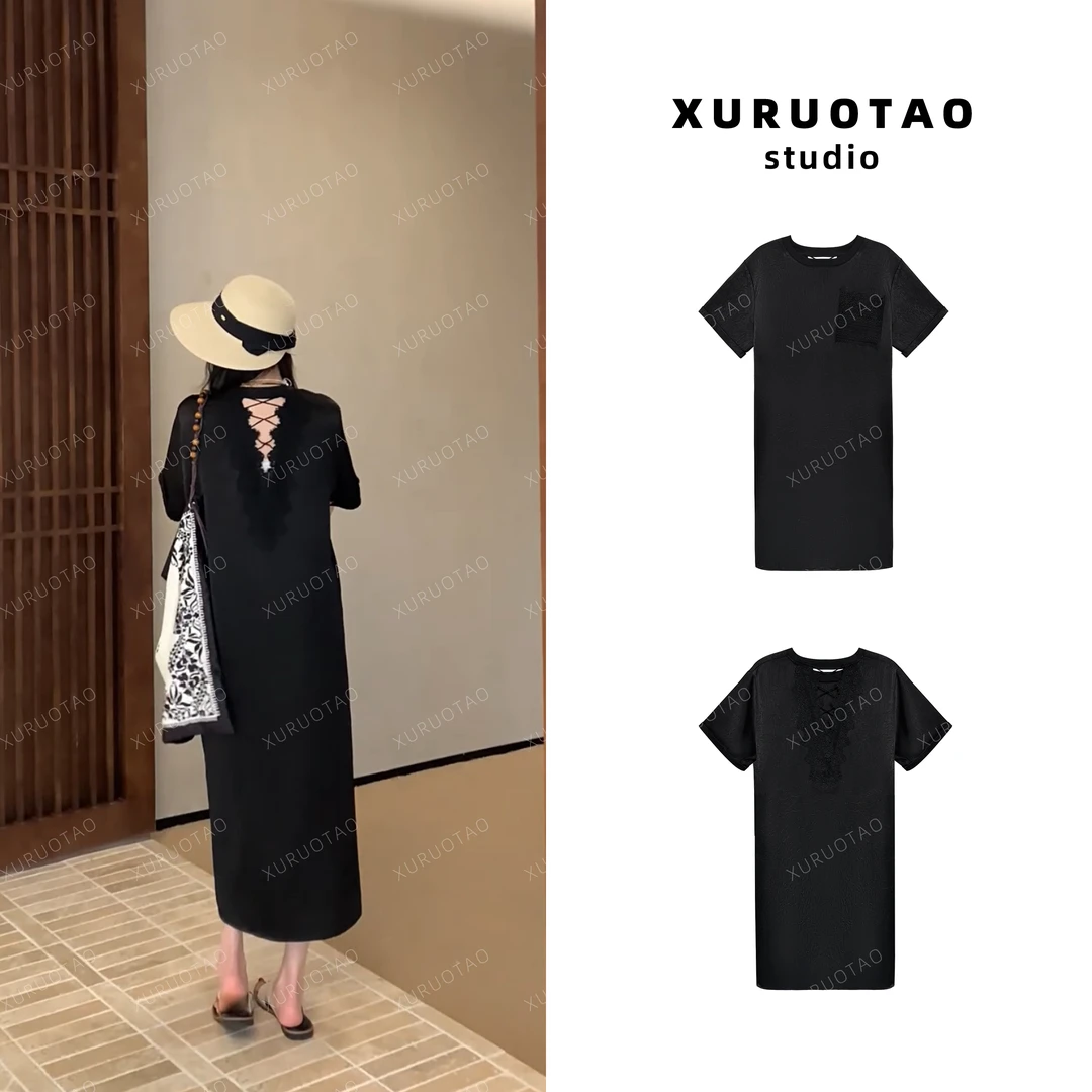 XURUOTAO 【慕斯连衣裙】后背镂空蕾丝设计显瘦黑色连衣裙 T5297