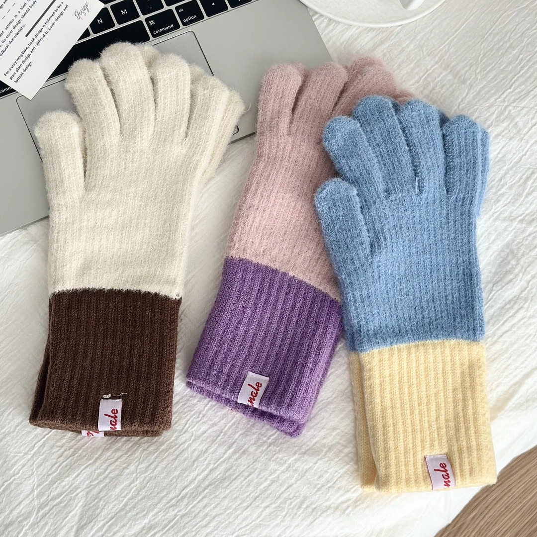 【A523】撞色针织分指可触屏女士手套秋冬季保暖防寒骑行潮流五指