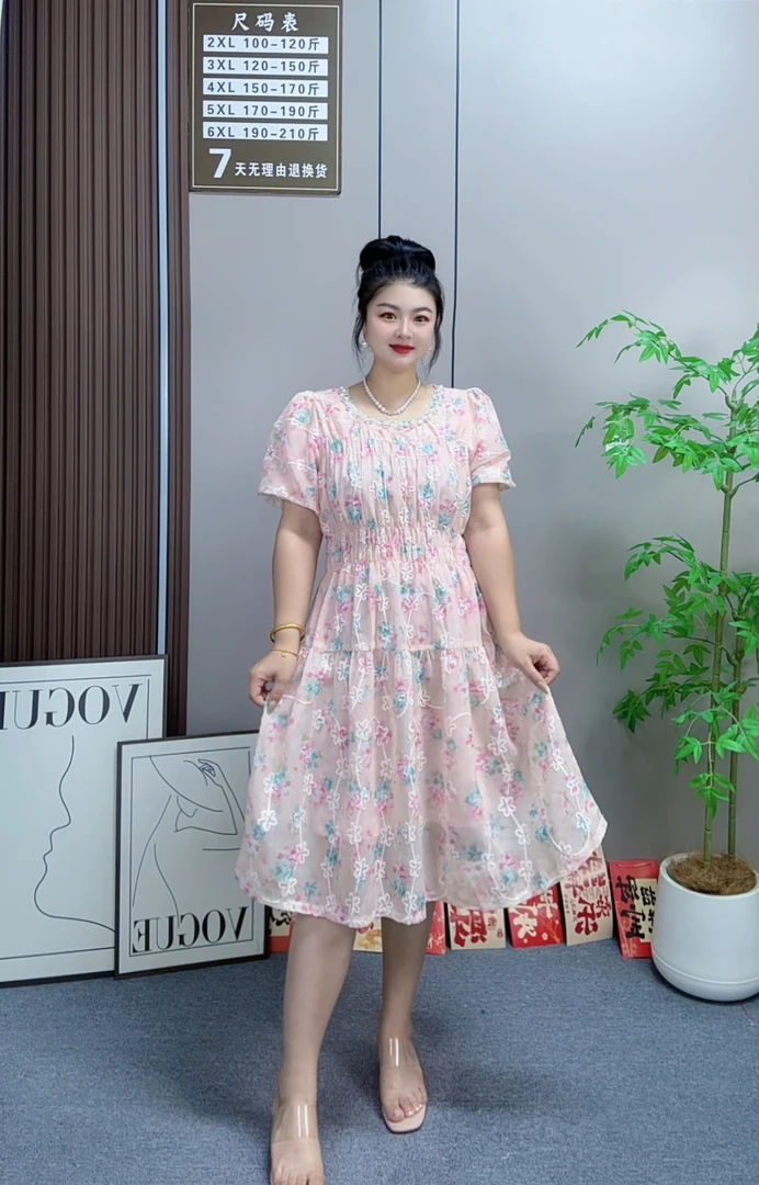 佳奇家夏季短袖洋气碎花A字显瘦收腰女士中长大码连衣裙