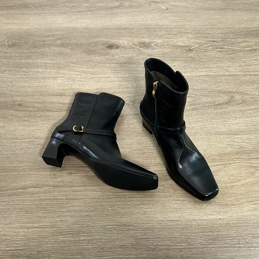 Dannyfrey复古风侧拉链方头女靴粗跟瘦瘦靴金属扣短靴4.5CM