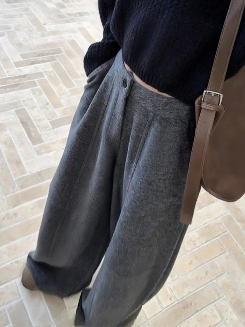 毛呢休闲裤女秋冬2025新款胖mm宽松显瘦慵懒松弛感拖地阔腿弯刀裤