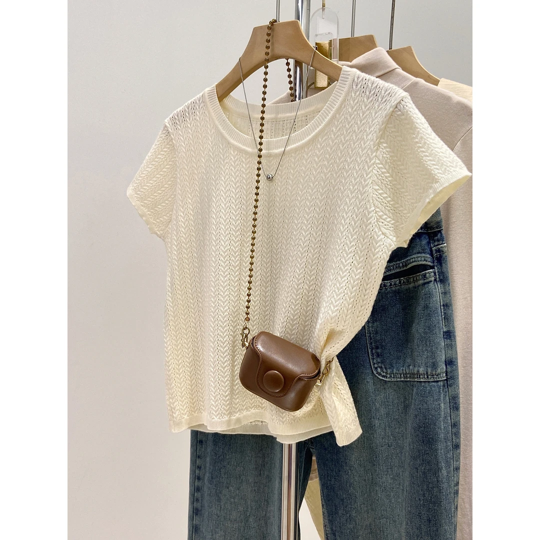 透气圆领短袖T恤女2025夏季法式气质温柔小个子正肩休闲镂空上衣