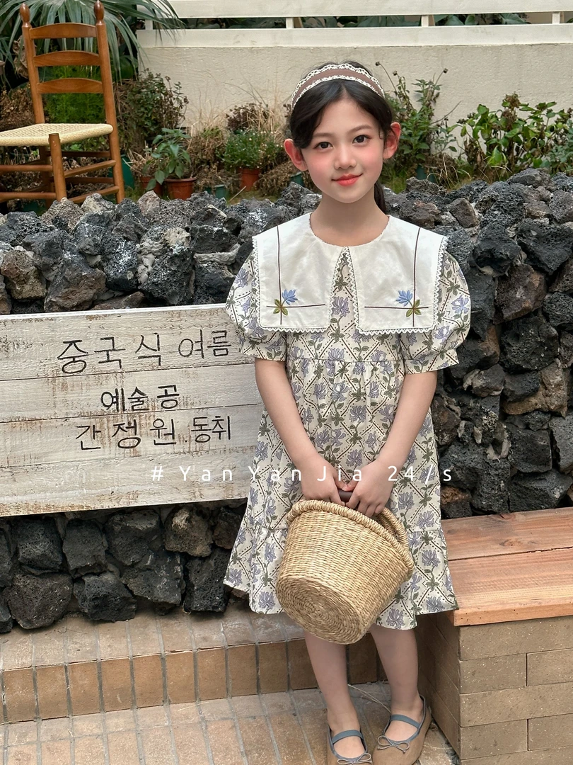 扣号大儿童蕾丝碎花女童洋气夏季复古泡泡袖甜美（01-100）