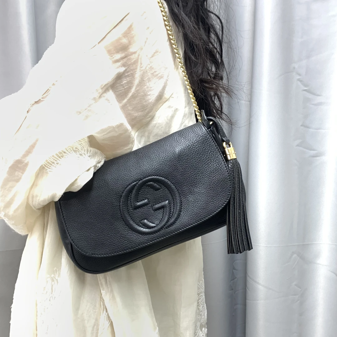 95新 GUCCI/古驰 黑色翻盖流苏单肩斜挎包