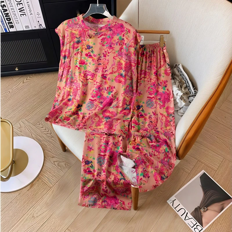 新中式国风棉绸睡衣套装女夏季凉爽无袖长裤可外穿宽松家居服