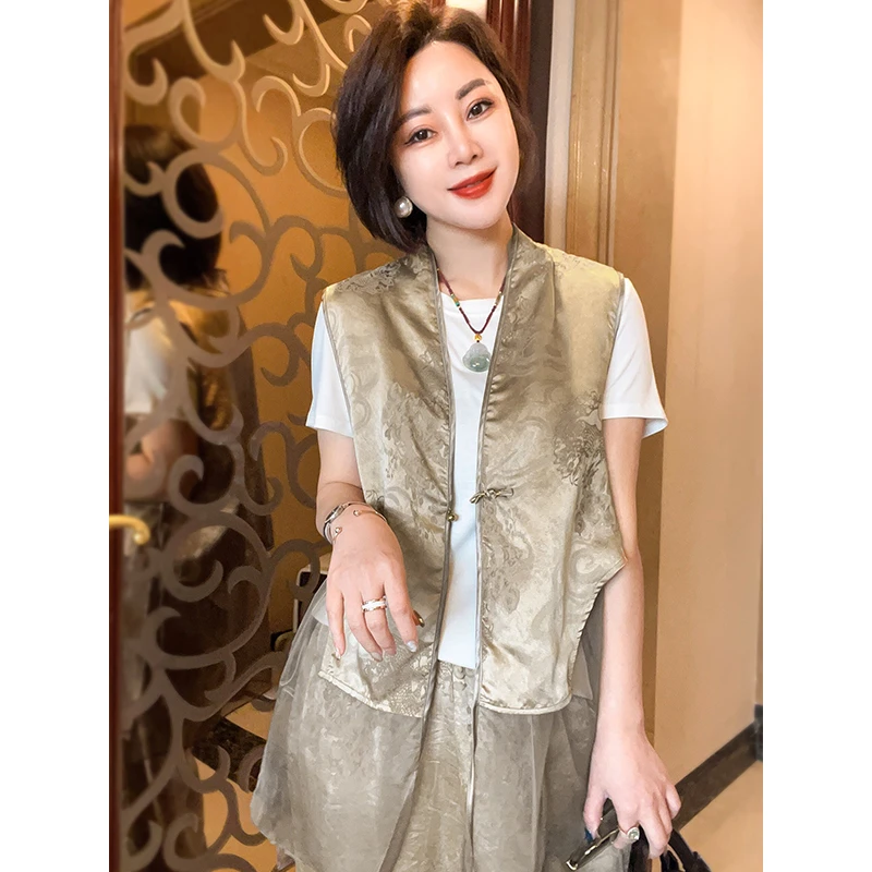 休闲风百搭静奢风时尚中国风宽松桑蚕丝复古坎肩休闲25021628