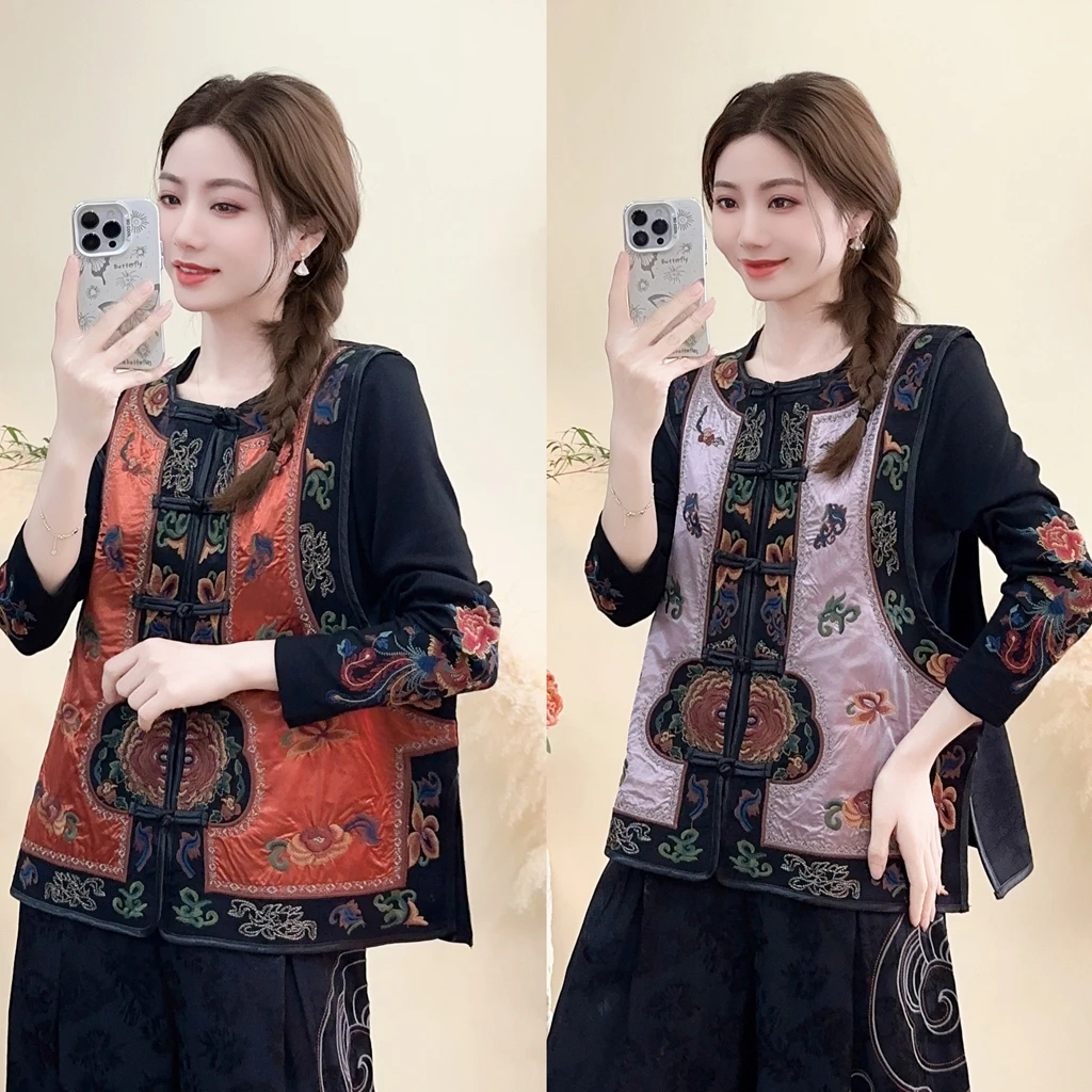 雪儿 新中式国风丝缎提花坎肩绣花拼色圆领盘扣马夹1510