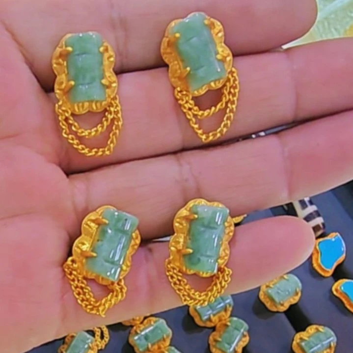 合金大理石耳饰 民族风女耳钉可调节编织素款古法镶嵌精潮女士