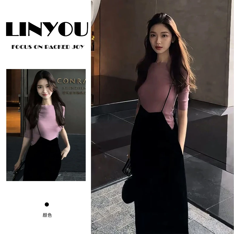 2025年夏季新款韩版时尚复古套装女圆领T恤女背带阔腿长裤两件套