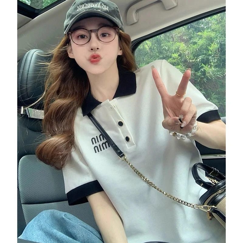 2025新款美式小香风正肩polo衫短袖t恤女夏季学院高级感宽松上衣