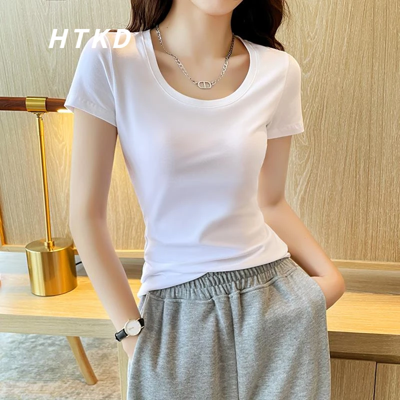 HTKD白色短袖t恤女春夏2025新款圆领简约修身正肩百搭显瘦打底衫