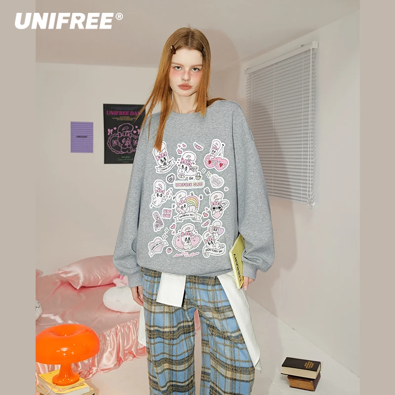 【王雪糕专属】UNIFREE甜美印花宽松圆领卫衣U251A199K2A1