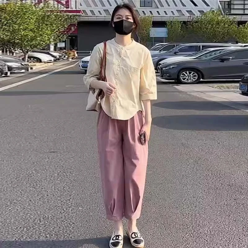 夏装搭配一整套2025新款爆款七分袖薄款衬衫休闲运动哈伦裤两件套