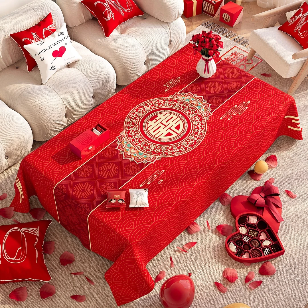 结婚茶几桌布客厅红色喜庆台布婚房装饰餐桌布订婚新婚氛围感盖布