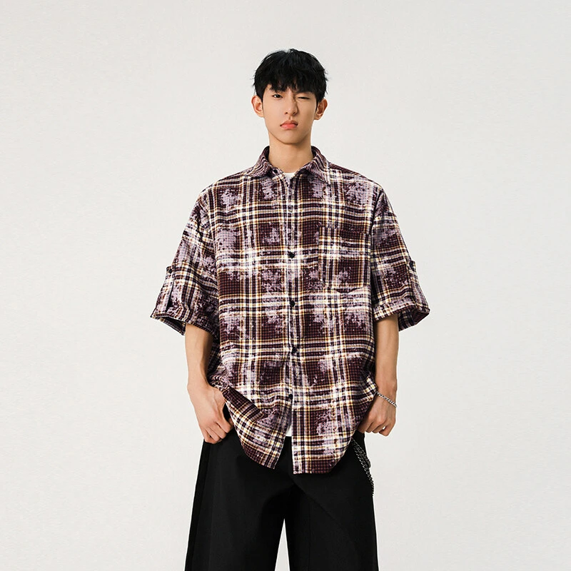 高级感扎染格子短袖衬衫男夏季薄款2025新款cleanfit潮牌半袖衬衣