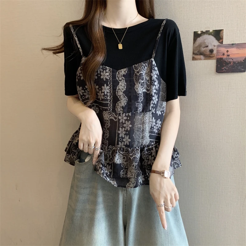 大码女装遮肚子假两件碎花短袖t恤女夏季胖妹妹显瘦百搭别致上衣