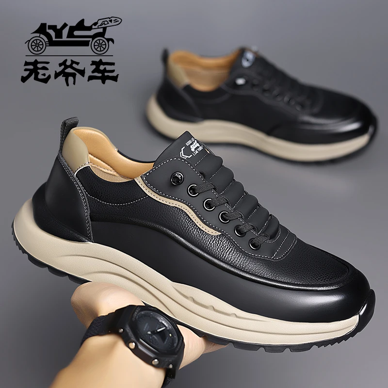 老爷车男鞋2025秋季新款休闲运动鞋真皮皮鞋男款跑步鞋软底工作鞋