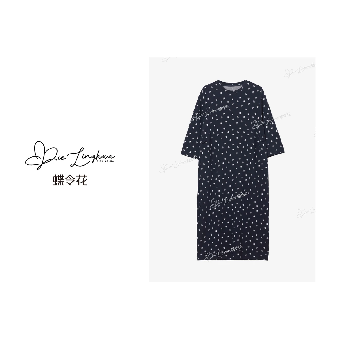 蝶令花秋季优雅简约清新雅致时尚休闲宽松圆领七分袖连衣裙520105