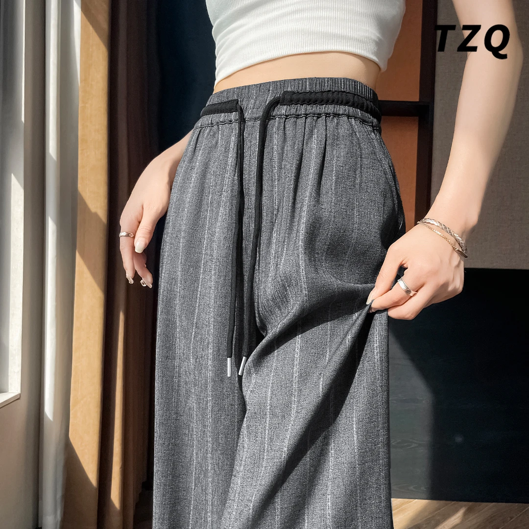 灰色条纹亚麻阔腿裤女夏季薄款高腰显瘦直筒垂感休闲裤TZQ2561152