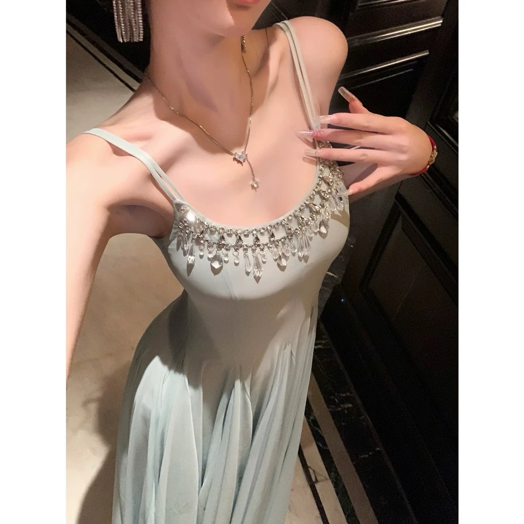 夏季大女主修身超仙儿水晶钻链网纱大摆吊带长款连衣裙子