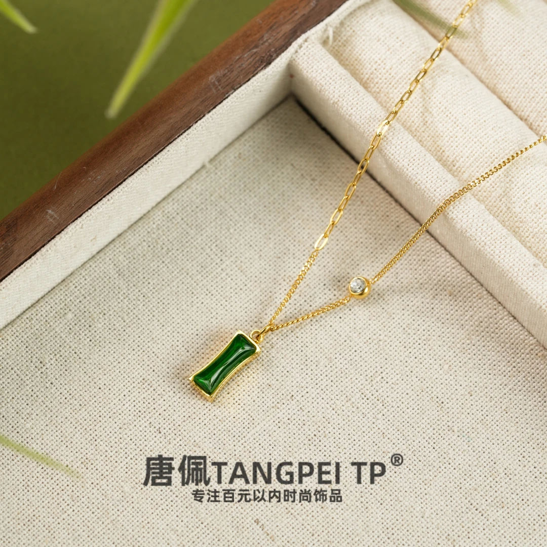 不锈钢项链 设计感新中式绿色竹节项链小众个性时尚饰品
