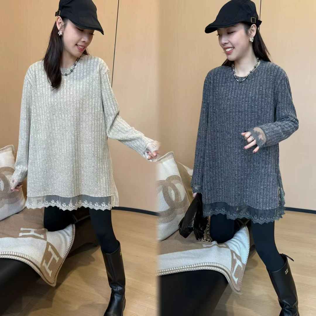 二姐的宝藏冬季新款圆领打底衫长袖蕾丝拼接中长款加绒上衣#24492