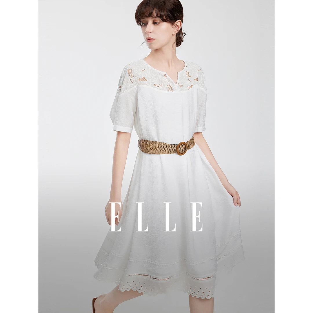 ELLE白色设计感拼接镂空绣花连衣裙2025夏季新款度假裙子EL50951