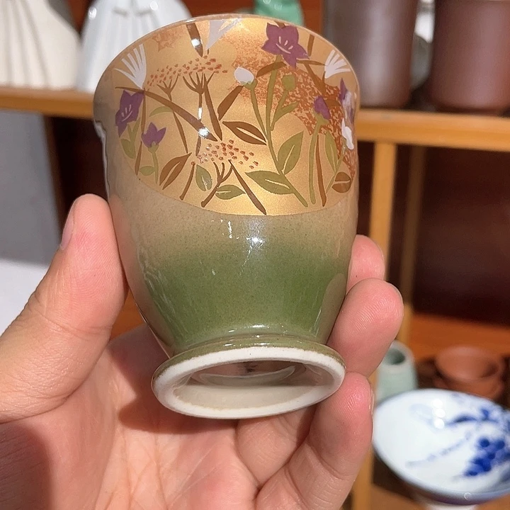 紫砂112平安岳叶作满金彩浮雕问高足杯