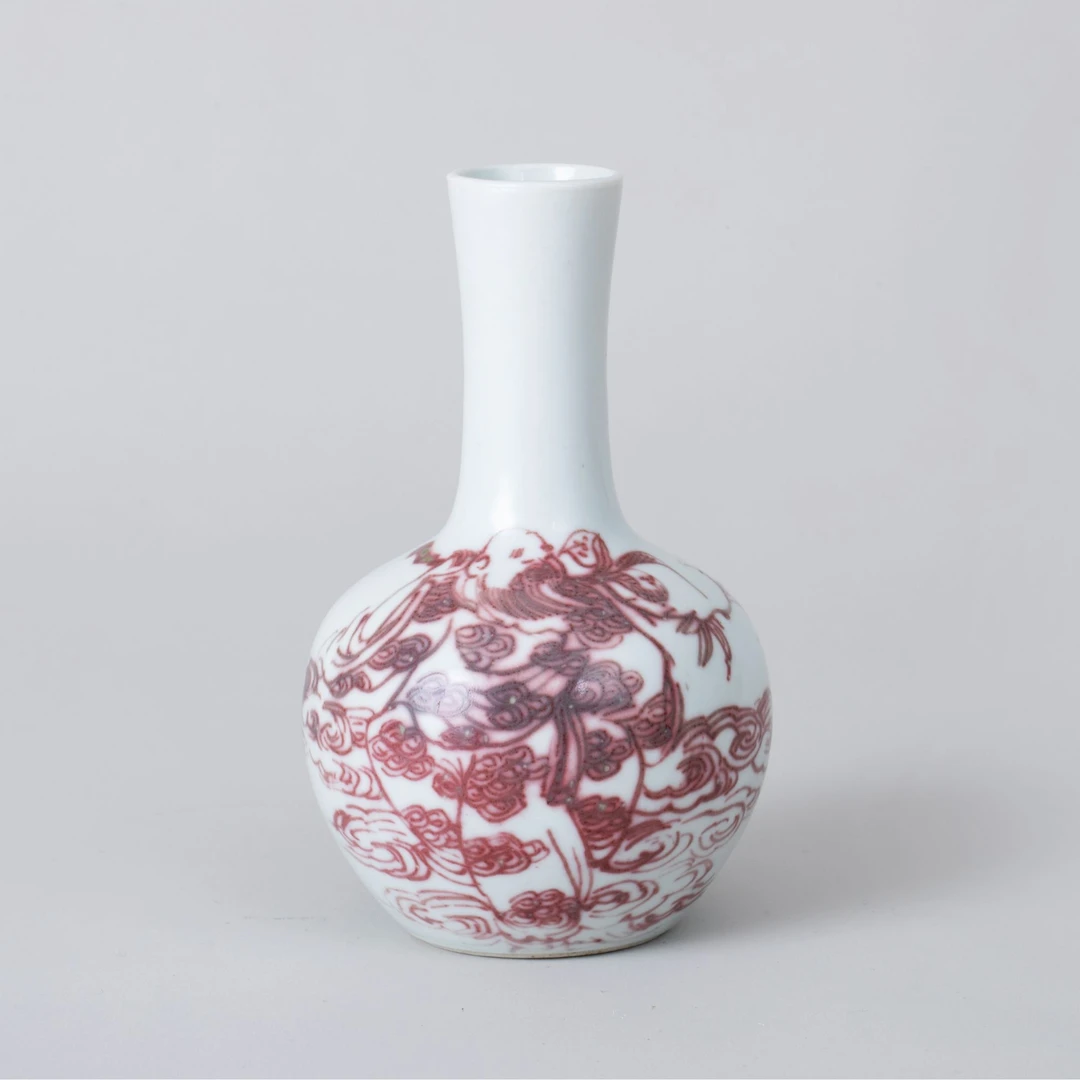 【古董】5、清光绪  釉里红高士图天球瓶