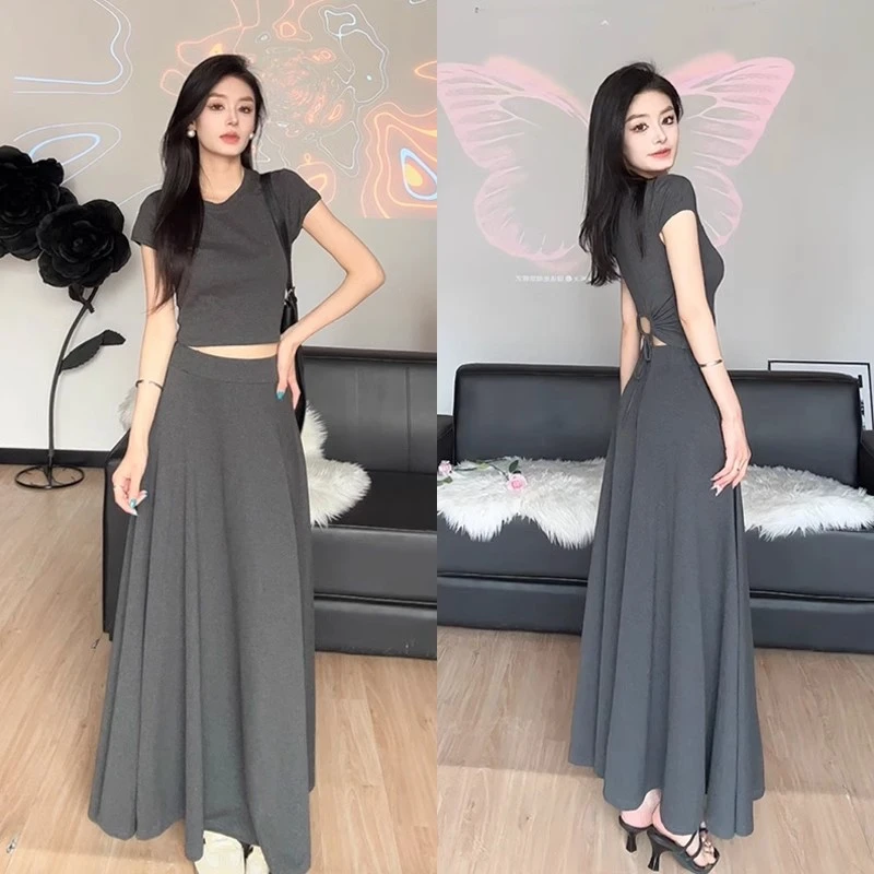 灰色法式连衣裙子女装2024夏季新款夏装搭配一整套装T恤半身长裙