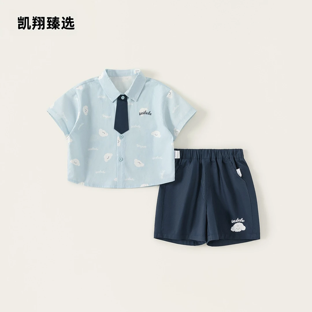 凯翔童装男童套装夏季新款卡通印花休闲衬衫透气男童短裤两件套