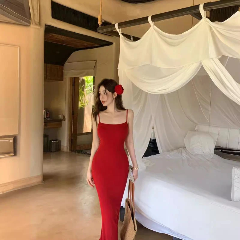 红色吊带裙辣妹连衣裙女夏季新款长裙修身包臀裙御姐风裙子鱼尾裙