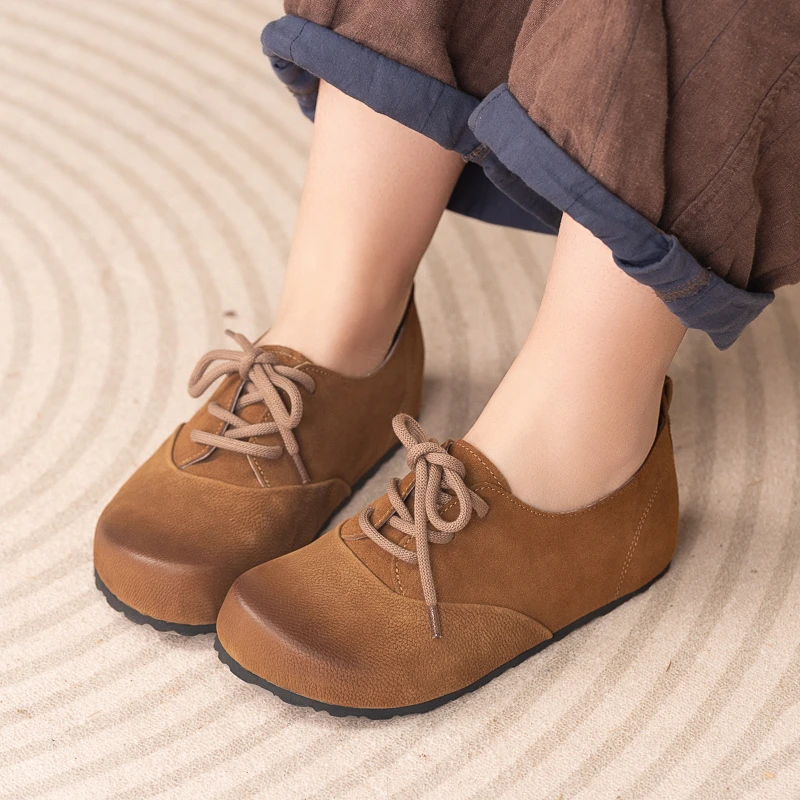 0319-10朴艺系带懒人鞋增高平底百搭复古风休闲文艺圆头真皮单鞋