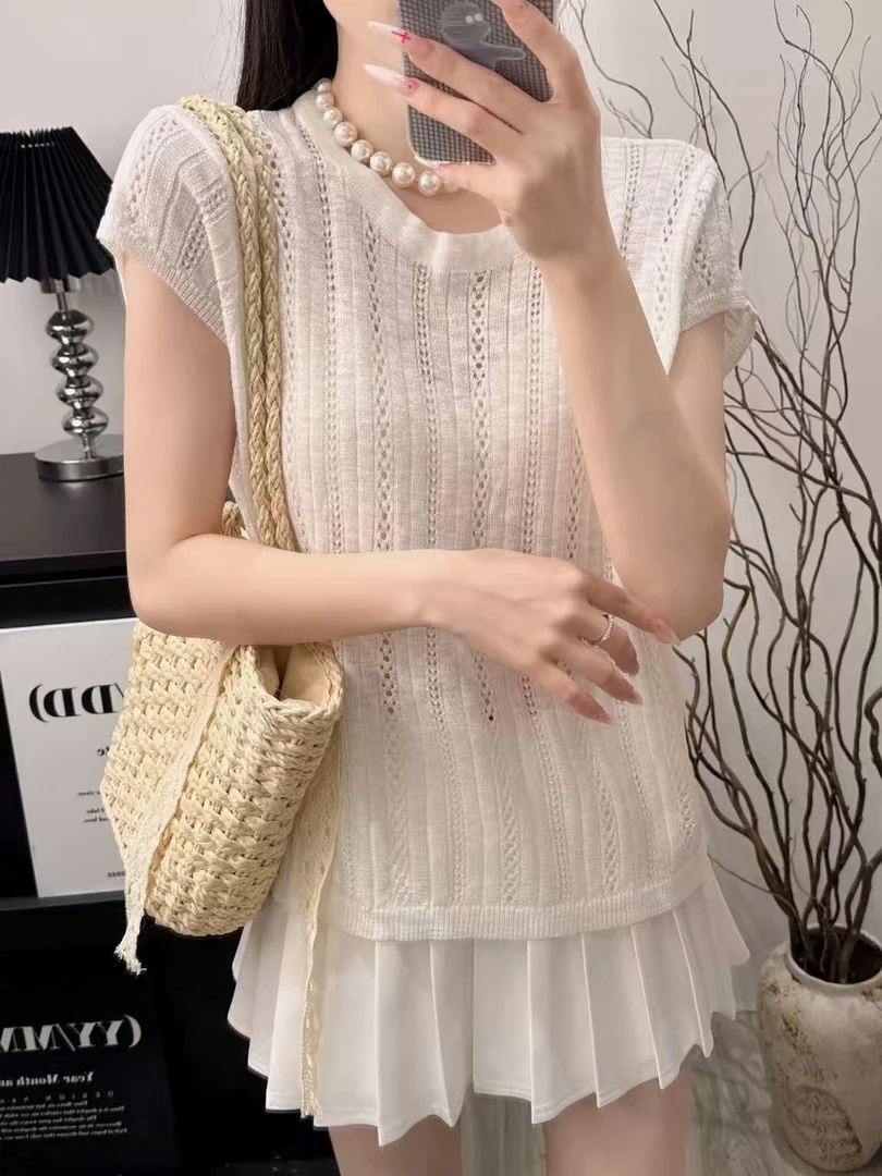 A8294号白色-夏季高级感新款套头设计感洋气短袖针织衫上衣女
