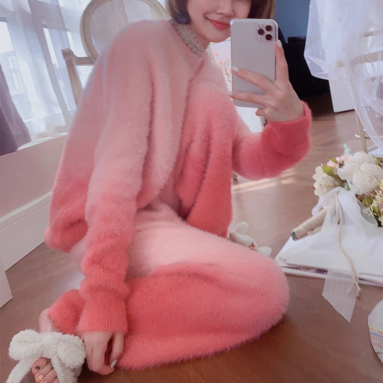 网红水貂绒睡衣女冬宽松慵懒风保暖加厚可外穿家居服软绵绵两件套