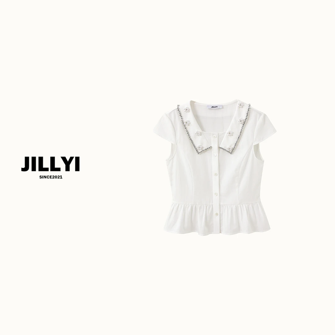 JILLYI南山店【白昼钻石】白色半开领领口手缝珍珠轻奢时尚衬衫夏季