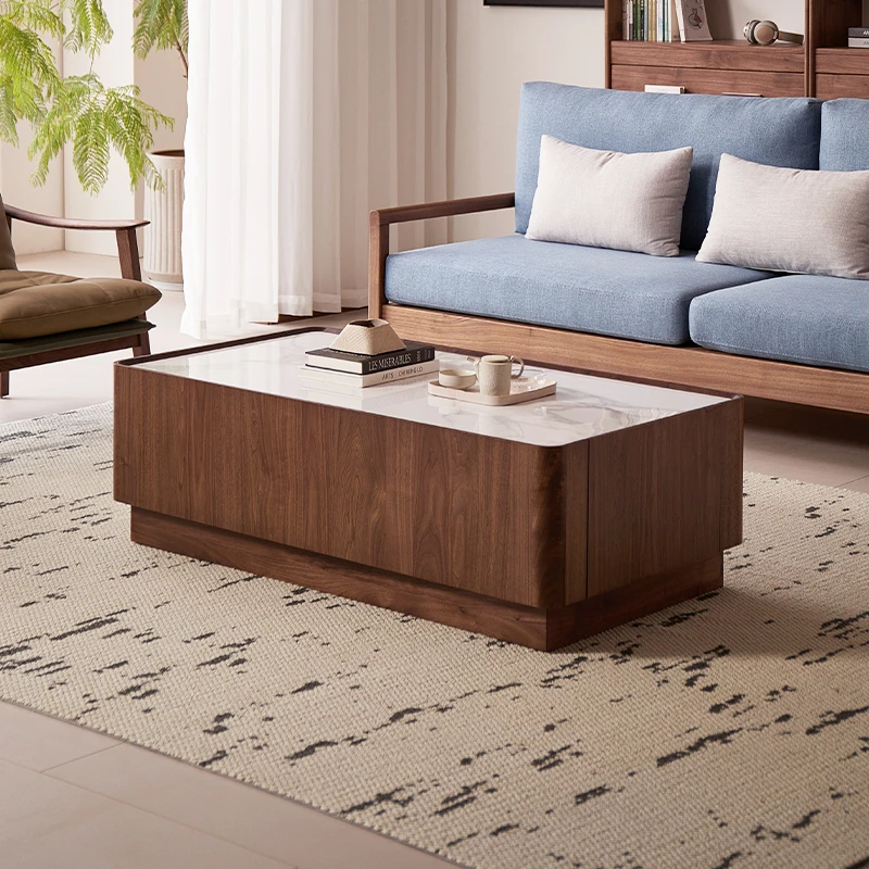 臻致美J北美黑胡桃木实木岩板储物茶几慕白茶几