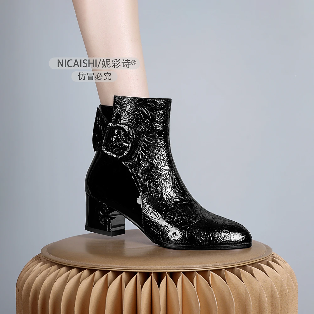 2024年新款欧美时尚气质小短靴中跟加绒保暖女靴黑色百搭裸靴0899