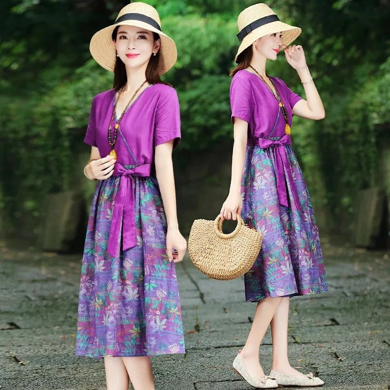 大码女装碎花V领仿棉麻连衣裙2025夏新款典雅宽松