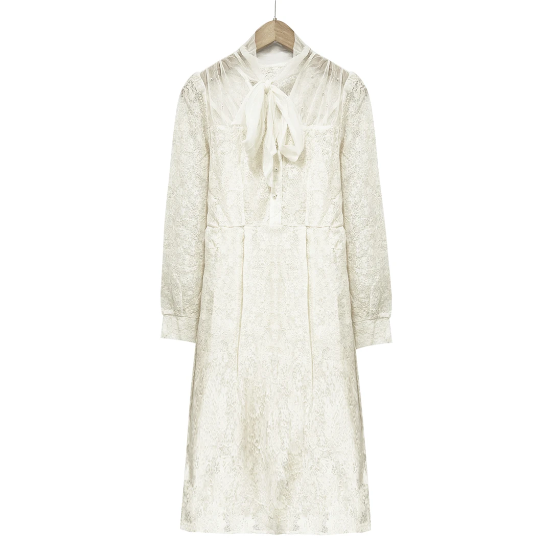 春上新！女士高级感蕾丝飘带长袖连衣裙吊带两件套F98