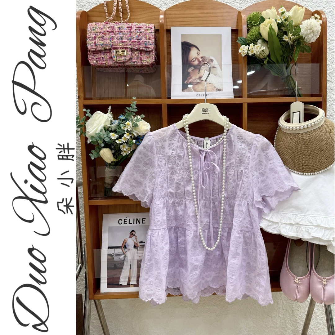 加大加宽系带紫色设计感小衫清新圆领娃娃衫上衣女a9903