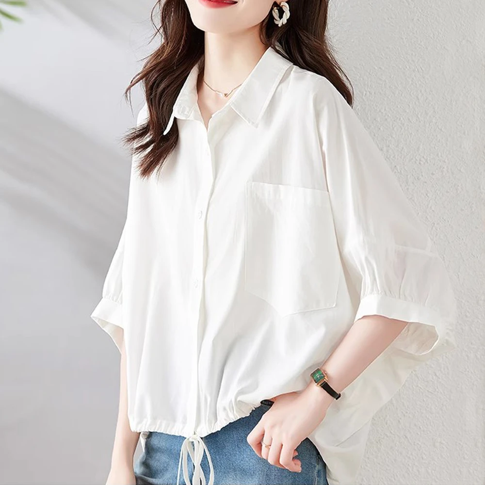 半袖纯色衬衫女春夏2025新款系带蝙蝠袖宽松显瘦遮肉纯棉衬衣上衣