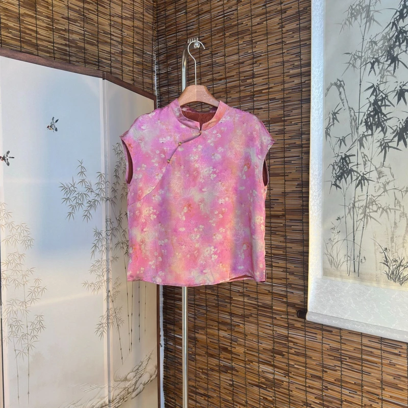[钻粉】1349新中式飞袖上衣小衫高端气质大方桑蚕丝上衣花萝