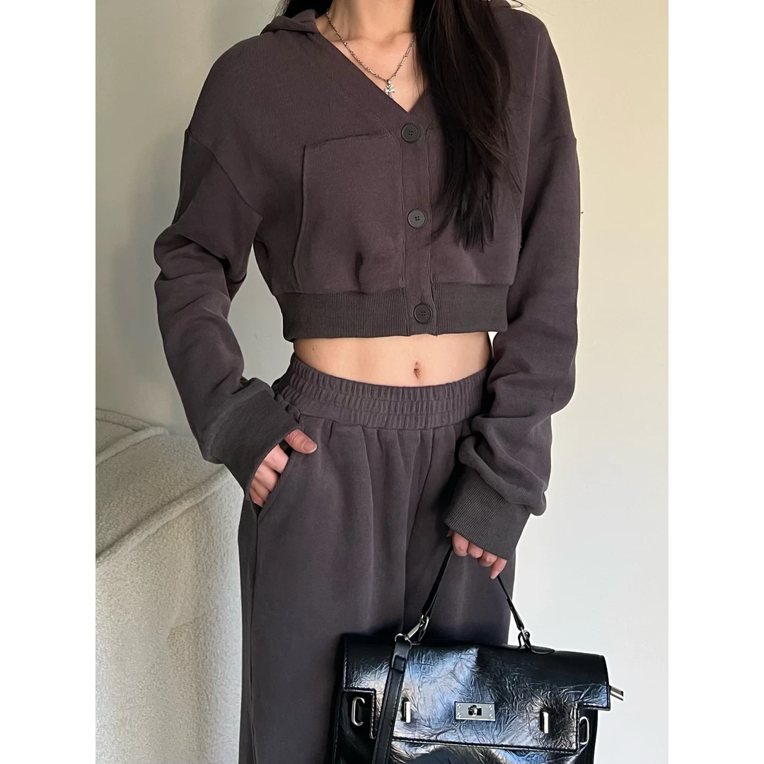 美式辣妹修身连帽休闲两件套女秋冬款搭配休闲短款开衫上衣休闲裤