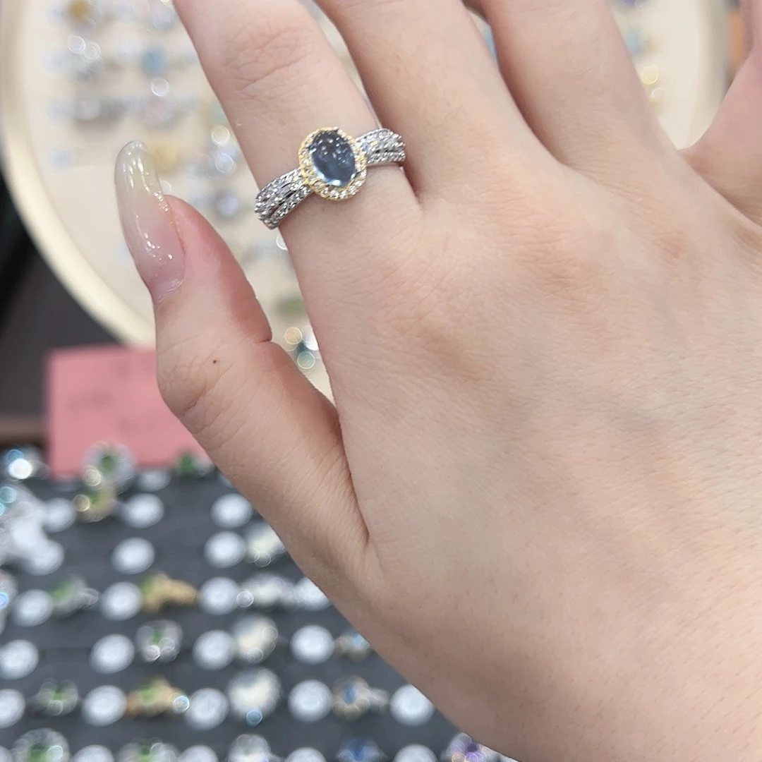 蛇纹石玉戒指银S925镶嵌桃*