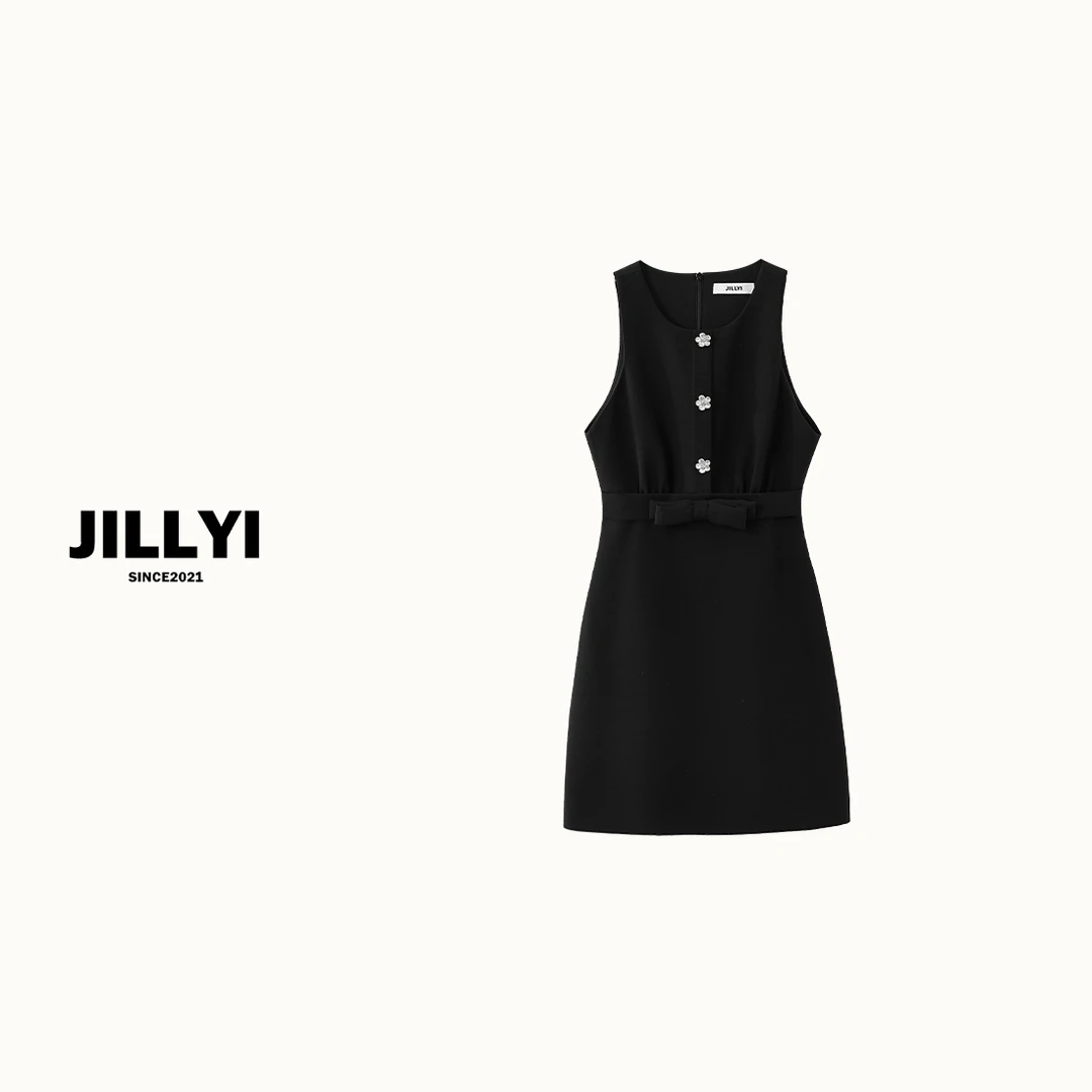 JILLYI珠海店【曜石黑】黑色圆领三粒花瓣扣无袖时尚连衣裙显瘦百搭