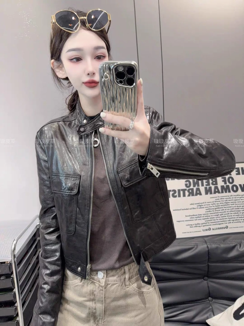 显瘦男友风极简风上衣皮衣朋克风常规网红短款立领