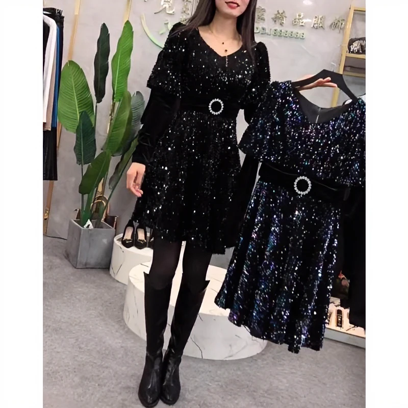 2025春秋新款时尚亮片连衣裙女洋气气质收腰显瘦中长款打底裙子潮